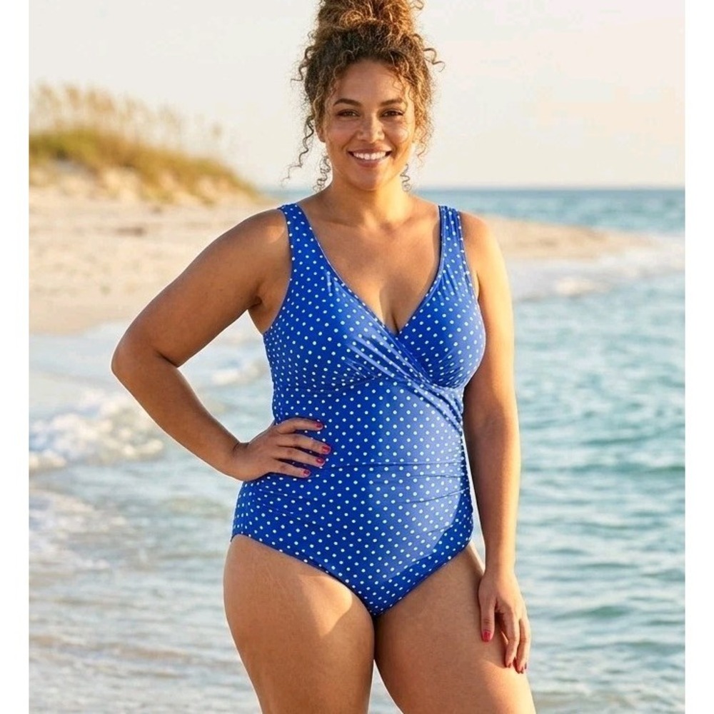 Trimshaper Royal Blue Polka Dot One Piece Swimsuit Size 16W Ruched Tummy Control